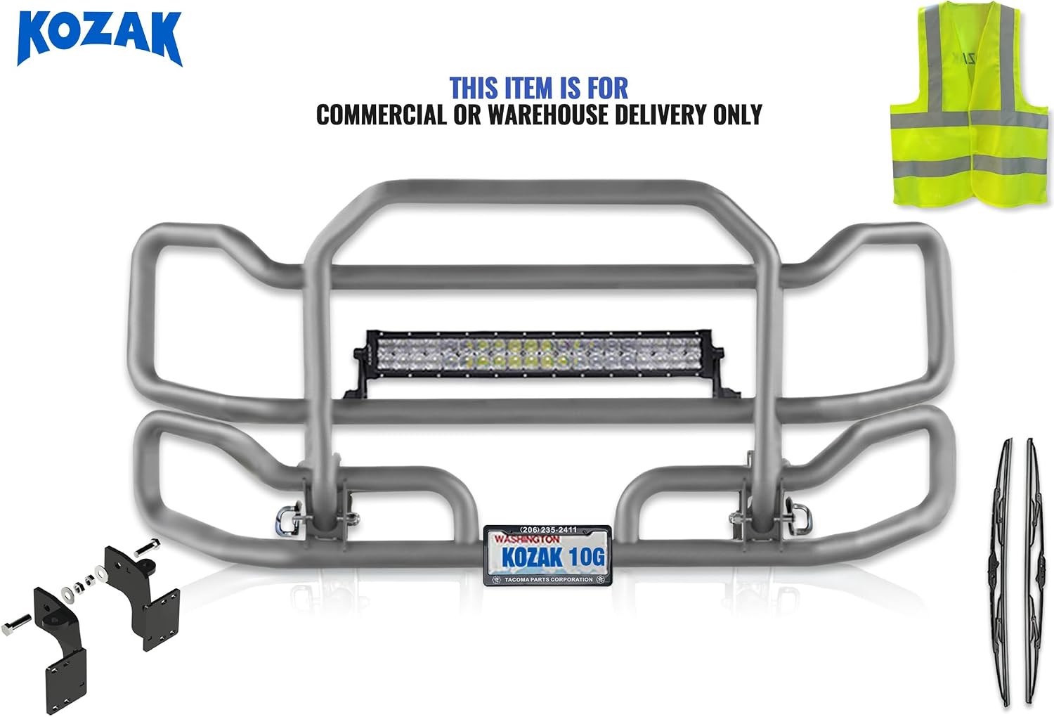 Front Gray Grille Deer Moose Brush Bumper Guard Large Compatible with Mack CH Set-Back 1999-2003 PLUS Bracket, 22" LED Light Bar, Wipers, License Plate Holder and Frame, Vest