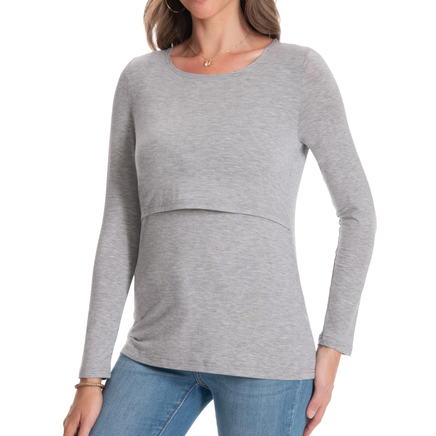Bearsland Women's Nursing Shirt Long Sleeve Round Neck Breastfeeding Top