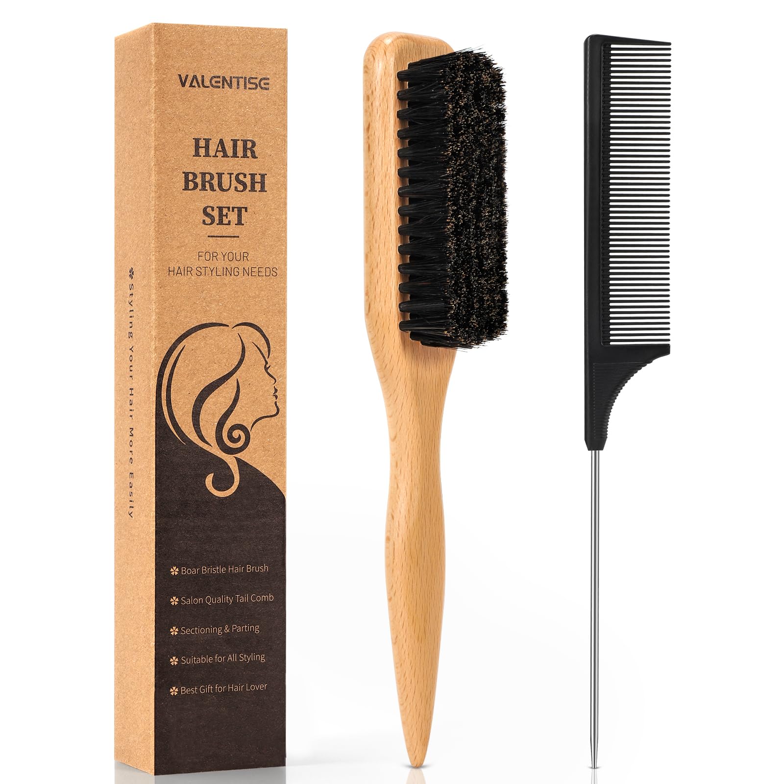 Boar Bristle Slick Back Hair Brush, Teasing Hair Brush with Black Carbon Fiber and Stainless Steel Tail Comb, Slick Hair Brush Set for Parting and Sectioning, Suitable for All Styling