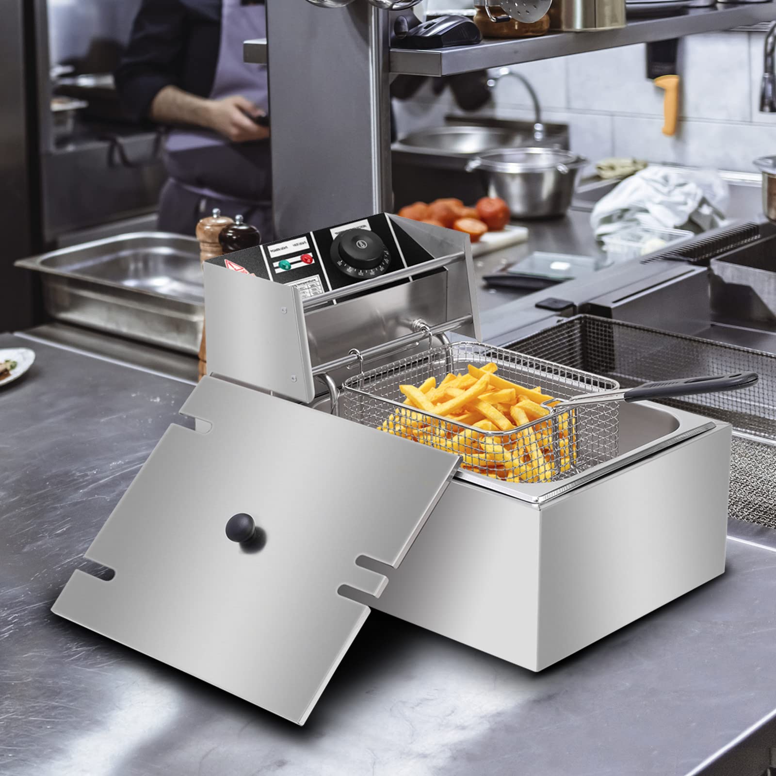 Friggitrice elettrica da 10,8 l con cestello e coperchio, friggitrice da cucina industriale in acciaio inox da 11,4 QT, per patatine fritte, ciambelle e altro, 220-240 V 2500 W