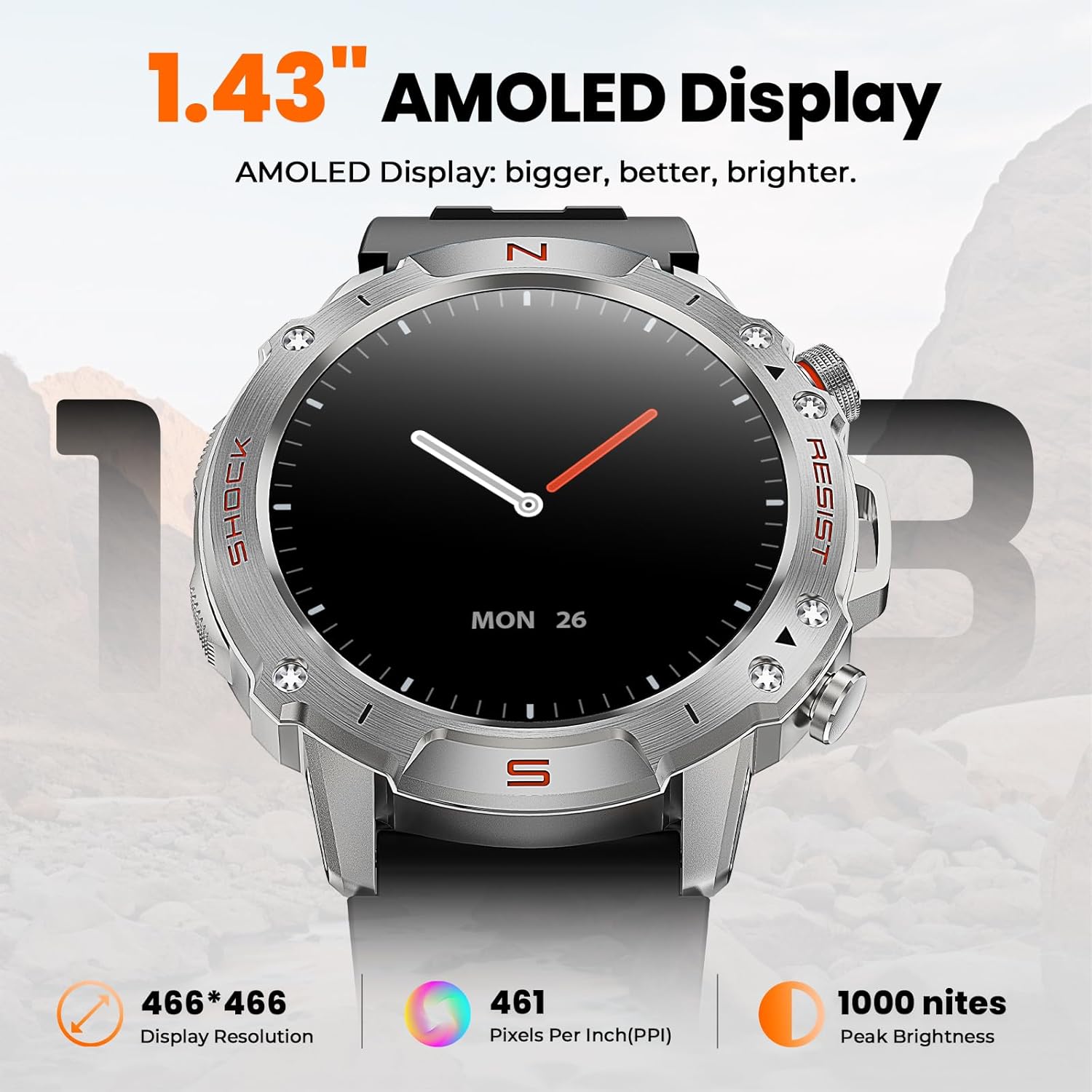WalkerFit Rugged Smart Watch for Men- Answer/Dial Call, 30M Waterproof Fitness Watch with Health Monitor, 170 Sport Mode, Military Smartwatch for iPhone, AMOLED, Black Silicone