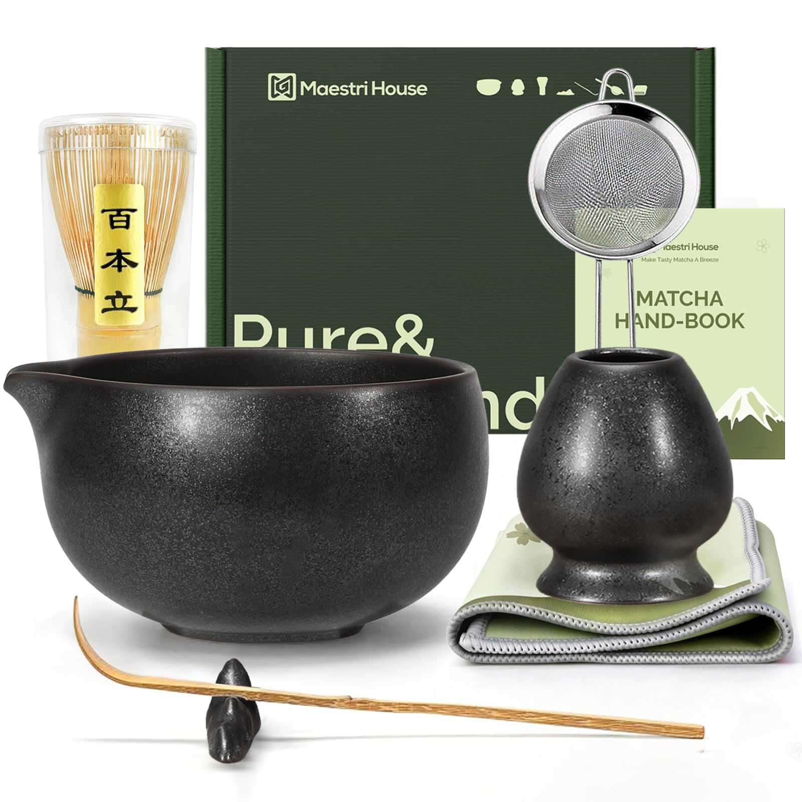 Maestri House Matcha Whisk Set, 7 Pcs of Ceramic Matcha Kit, Includes Matcha Bowl, Matcha Whisk and Holder, Tea Scoop, Scoop Rest, Steel Sifter and Tea Cloth - Gift for Matcha Lovers and Basalt Black