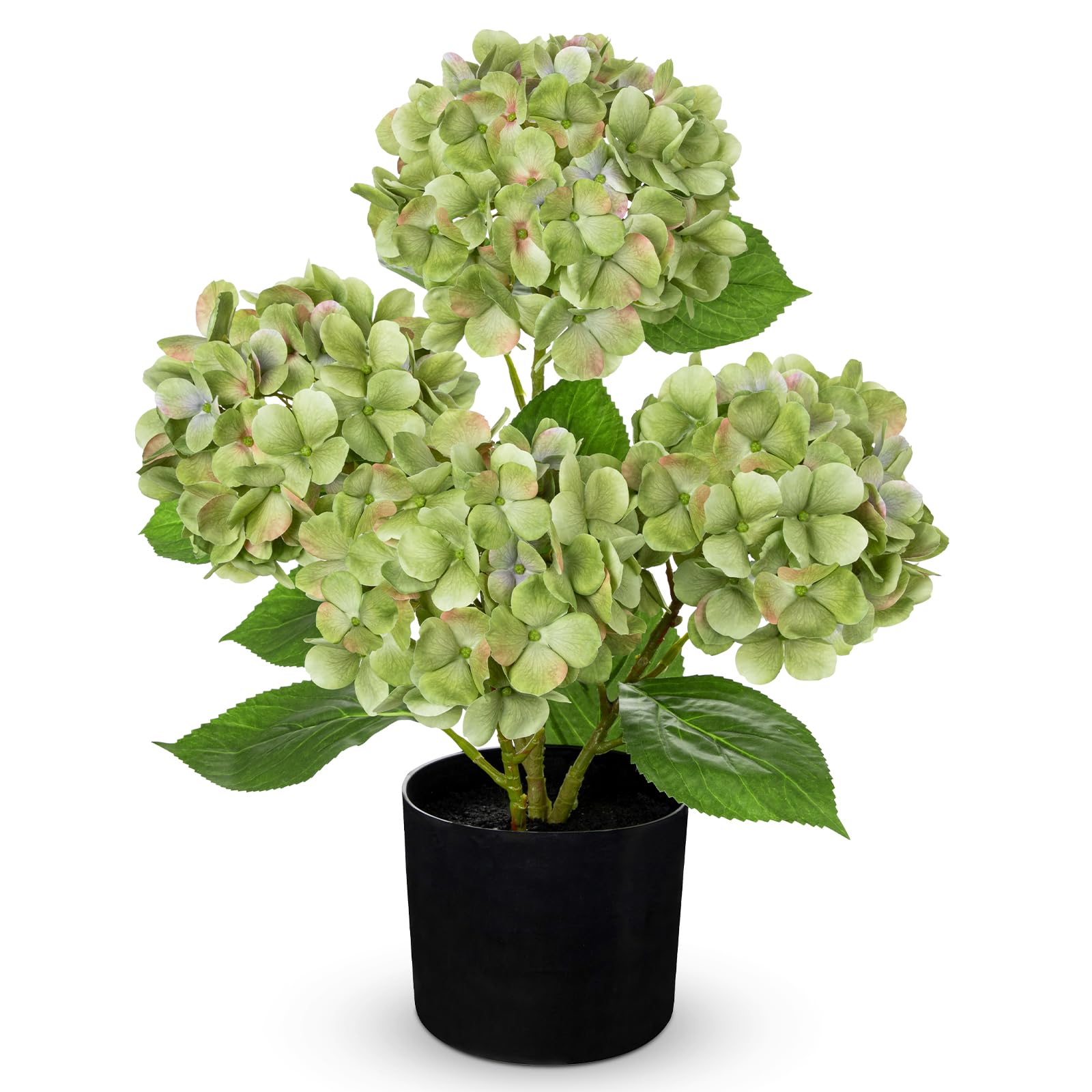 Hollyone 19" Hydrangea Artificial Flowers in Black Pot, 7.5" Large Fake Hydrangeas Green Silk Flowers, Decorative Potted Flowers for Home Decor, Living Room, Tabletop, Desk, Kitchen Decorations