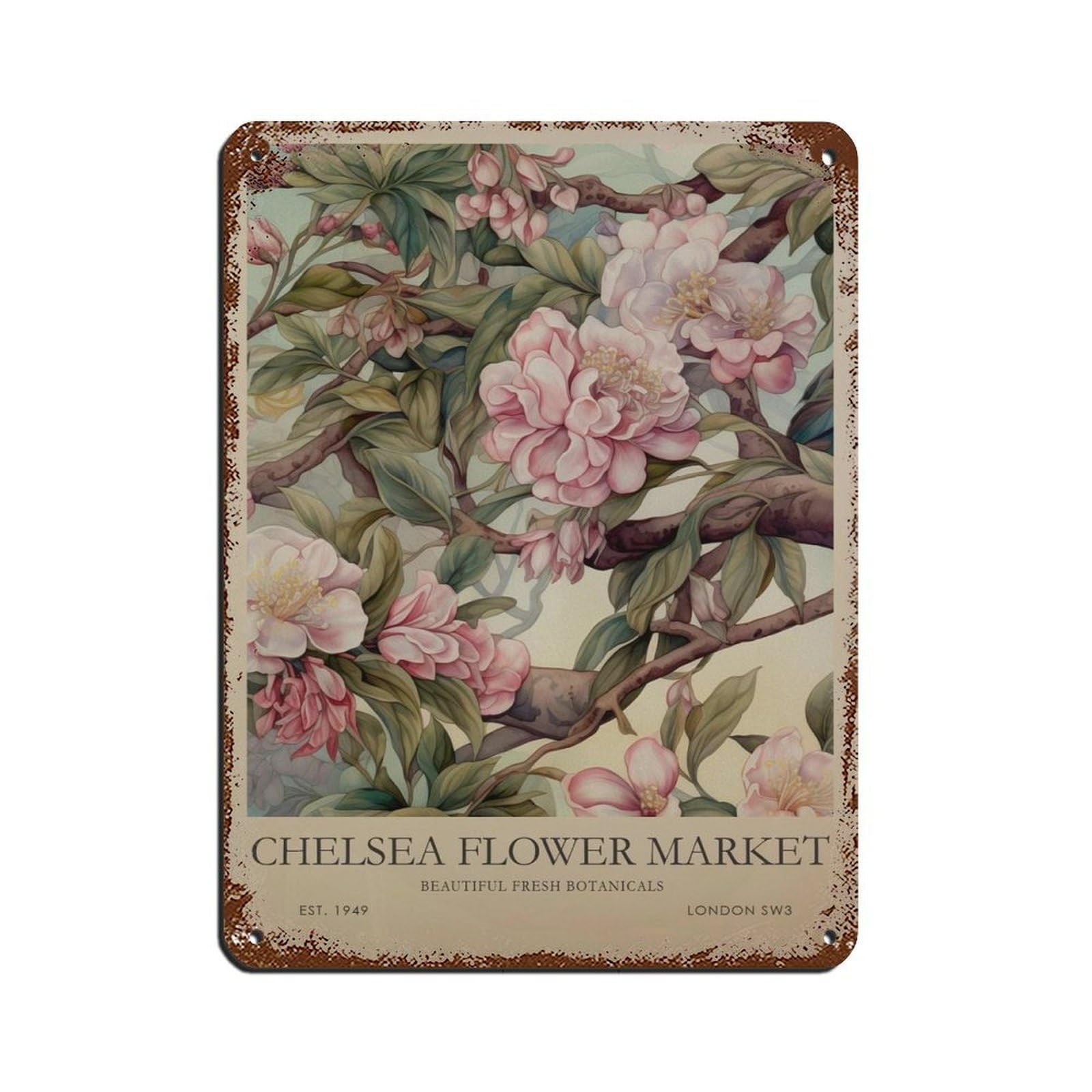 Chelsea Flower Market, Pink Vintage Floral Retro Poster Metal Tin Sign Chic Art Retro Iron Painting Bar People Cave Cafe Family Garage Poster Wall Decoration 12x16inch(30x40cm)