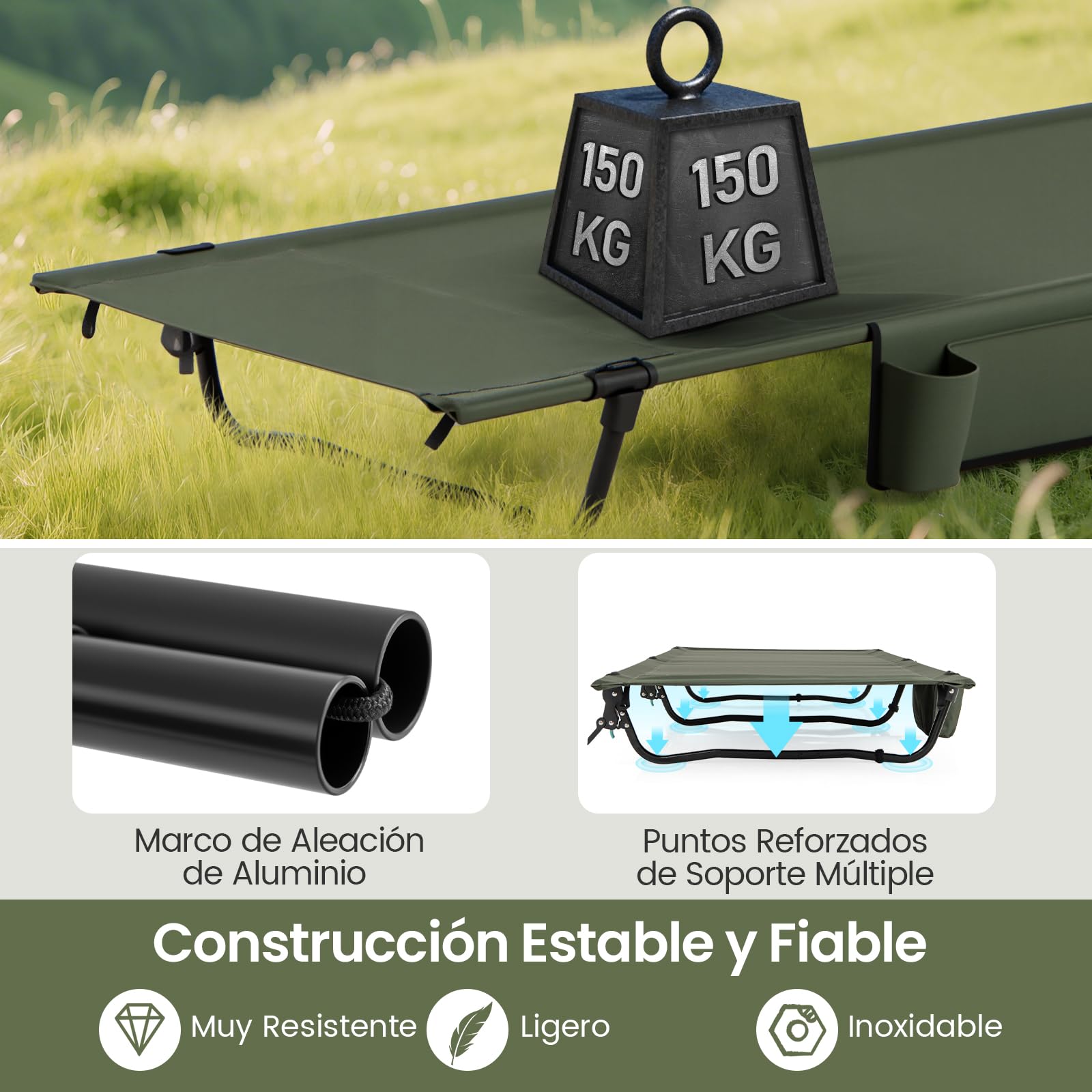 GOPLUS Cama de Camping Portátil, Cama Plegable con Bolsillo Lateral, Bolsa de Transporte, Ultraligera para Dormir al Aire Libre para Senderismo, Camping, Viajes, Jardín, 193 x 70 x 18 cm