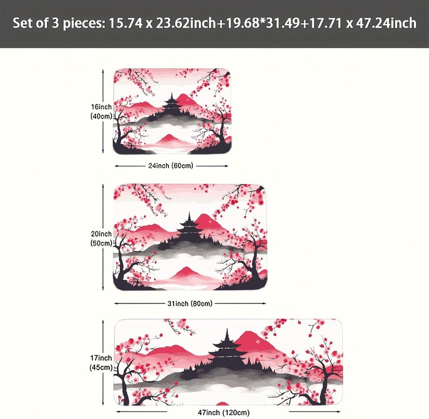 Mount Fuji with Cherry Kitchen Mats for Floor 3 Pcs Kitchen Rugs