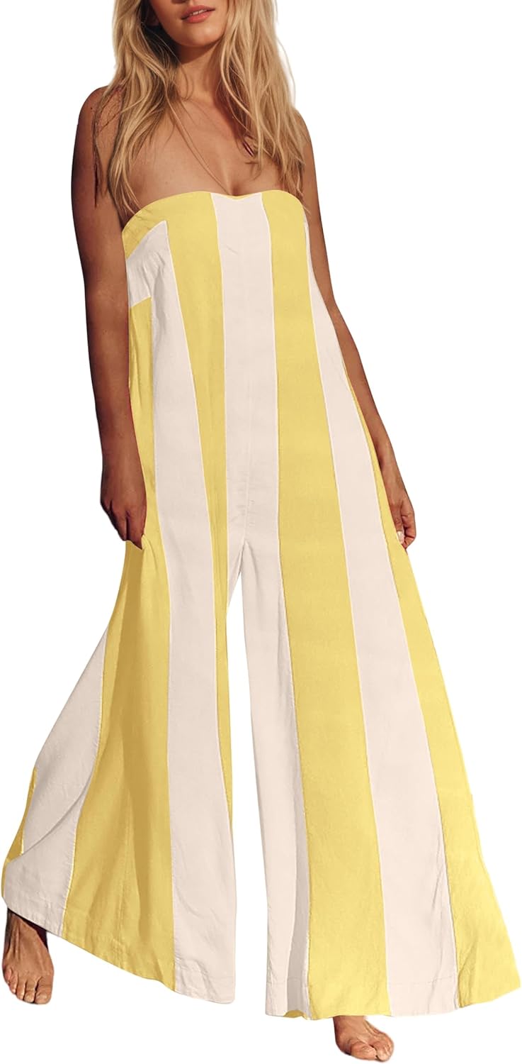 Ythomm Womens Striped Wide Leg Jumpsuits Boho Strapless Long Romper Off Shoulder Summer Jumpsuits One Piece Travel Outfits