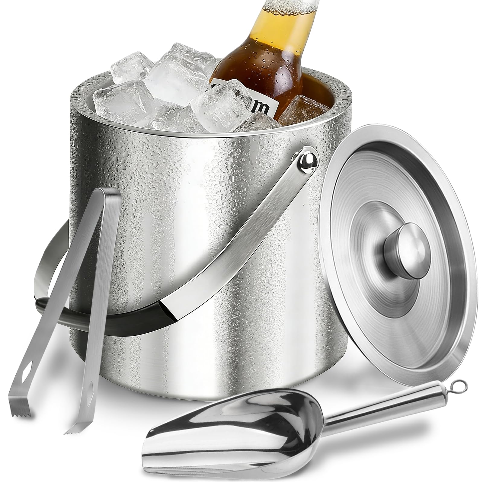 1.6L Double Walled Stainless Steel Ice Bucket with Lid and Tongs, for Ice Buckets for Parties with Ices Scoop, Home Bar, Restaurant, BBQ, Clubs and Picnics, Keep Ices Frozen Longer Beer Bucket
