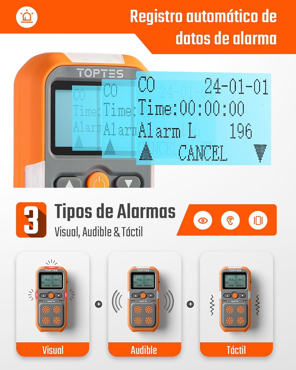 TopTes Guard-101 Detector de Gas, Monitor de 4 Gases para H2S, CO, LEL y O2, con Alarmas de Vibración, Visuales y Sonoras, 14h de Autonomía, Seguridad Antidesflagrante, para Trabajo y Casa - Naranja