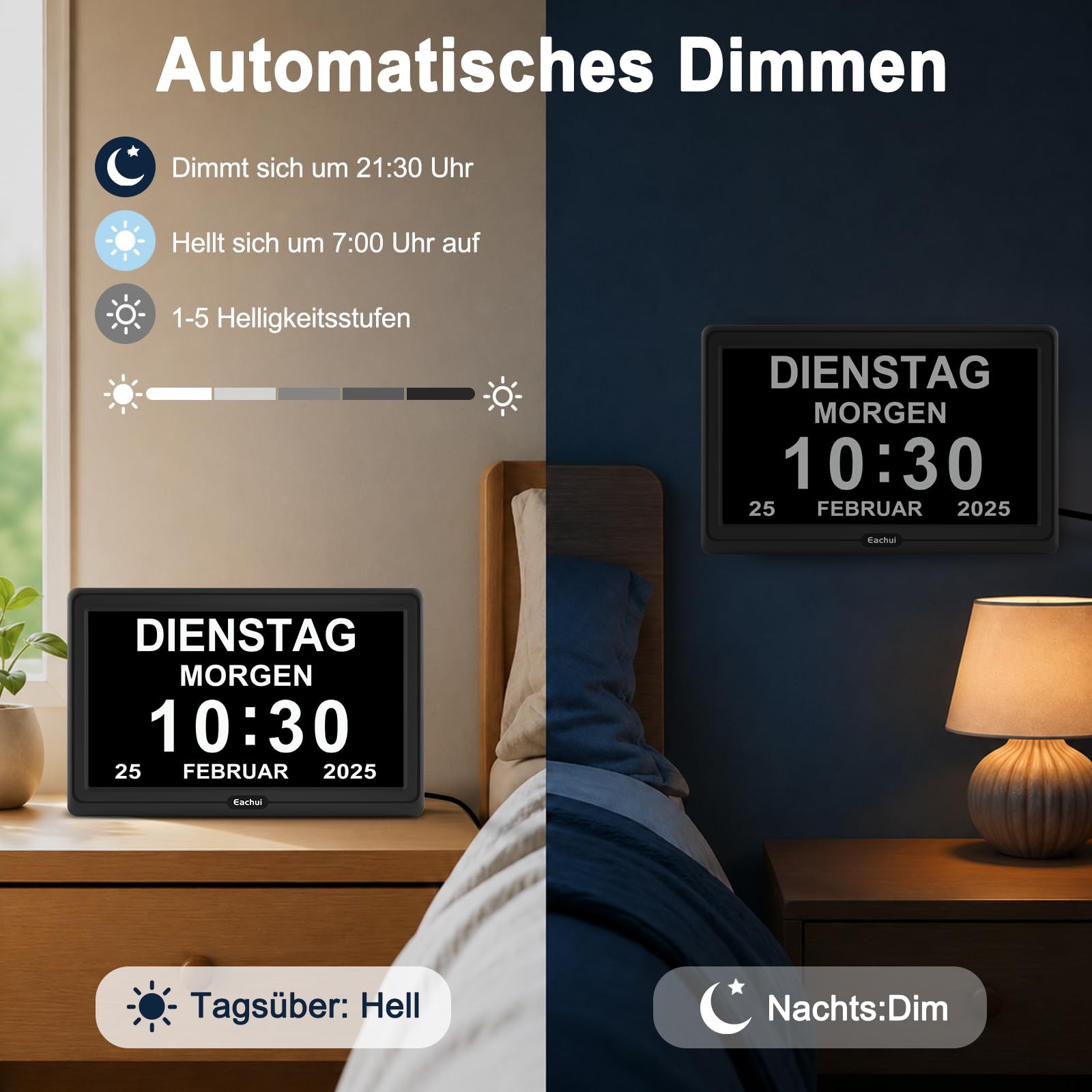 Eachui Digitaler Demenz Uhr Großes Display für Senioren,Plug in(7 Zoll) | Datum Tag der Woche Kalender Uhr 20 Erinnerungen 3 Klingeltöne 10 Stufen Lautstärke, Auto DST