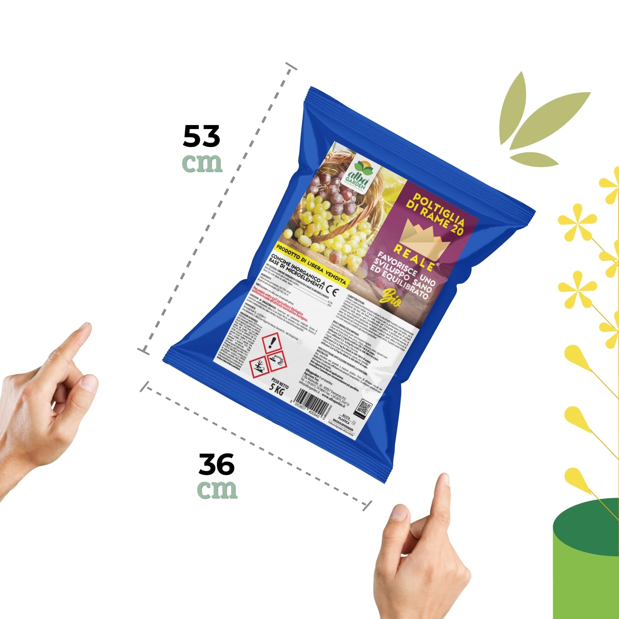 Albagarden - Polti20 Bordolese Biologico 5 kg - con Rame Naturale + Boro Per Piante Frutta Orto Vite - Contro Peronospora Oidio Verderame Solfato Ossicloruro