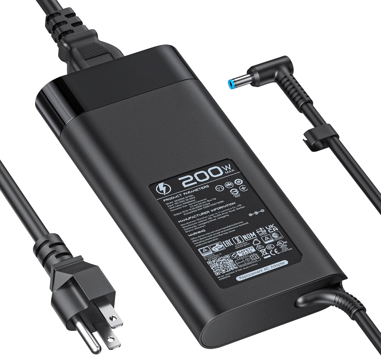 200W Laptop Charger HP Victus Charger, 4.5*3.0mm Blue AC Power Adapter for HP Victus Gaming 15, 16 Omen Gaming 15, 17 Pavilion 15, 17 TPN-DA10 L00818-850,10FT,With U Power Cable