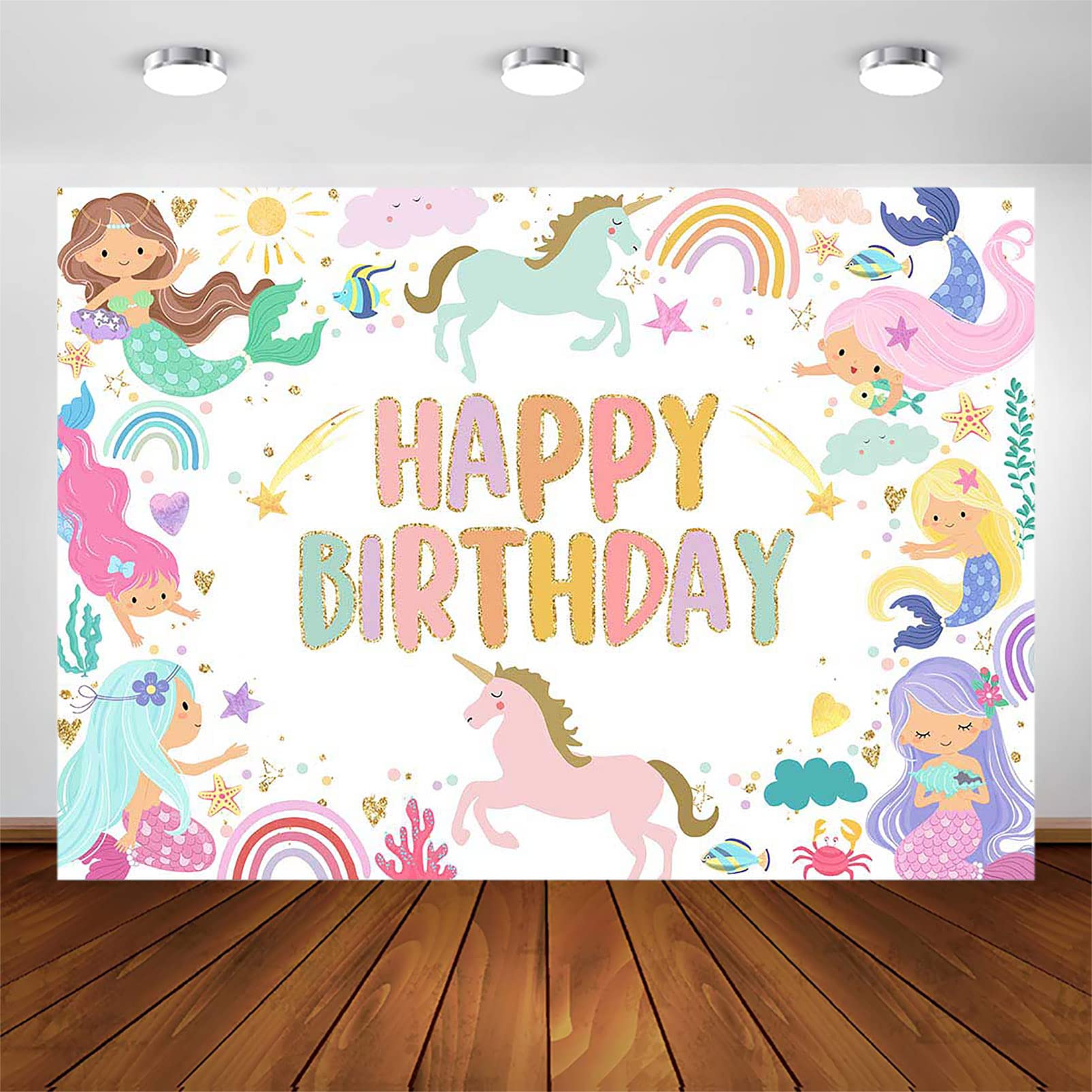 Mermaid Unicorn Happy Birthday Banner – Pool Party Pennant, 15 Panels + 2 End Pieces, 16 Ft Ribbon Included - View #10