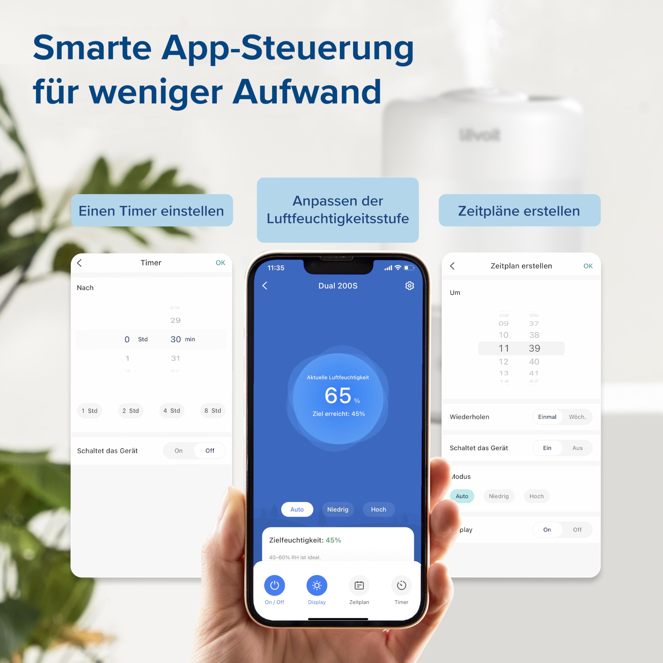 Levoit Smart Luftbefeuchter Schlafzimmer, 20dB, Top-Fill für Baby, 3L | Luftfeuchtigkeit Sensor, Raumbefeuchter für Kinderzimmer Pflanzen, 360°Drehdüse, bis 25 Std., Cremeweiß