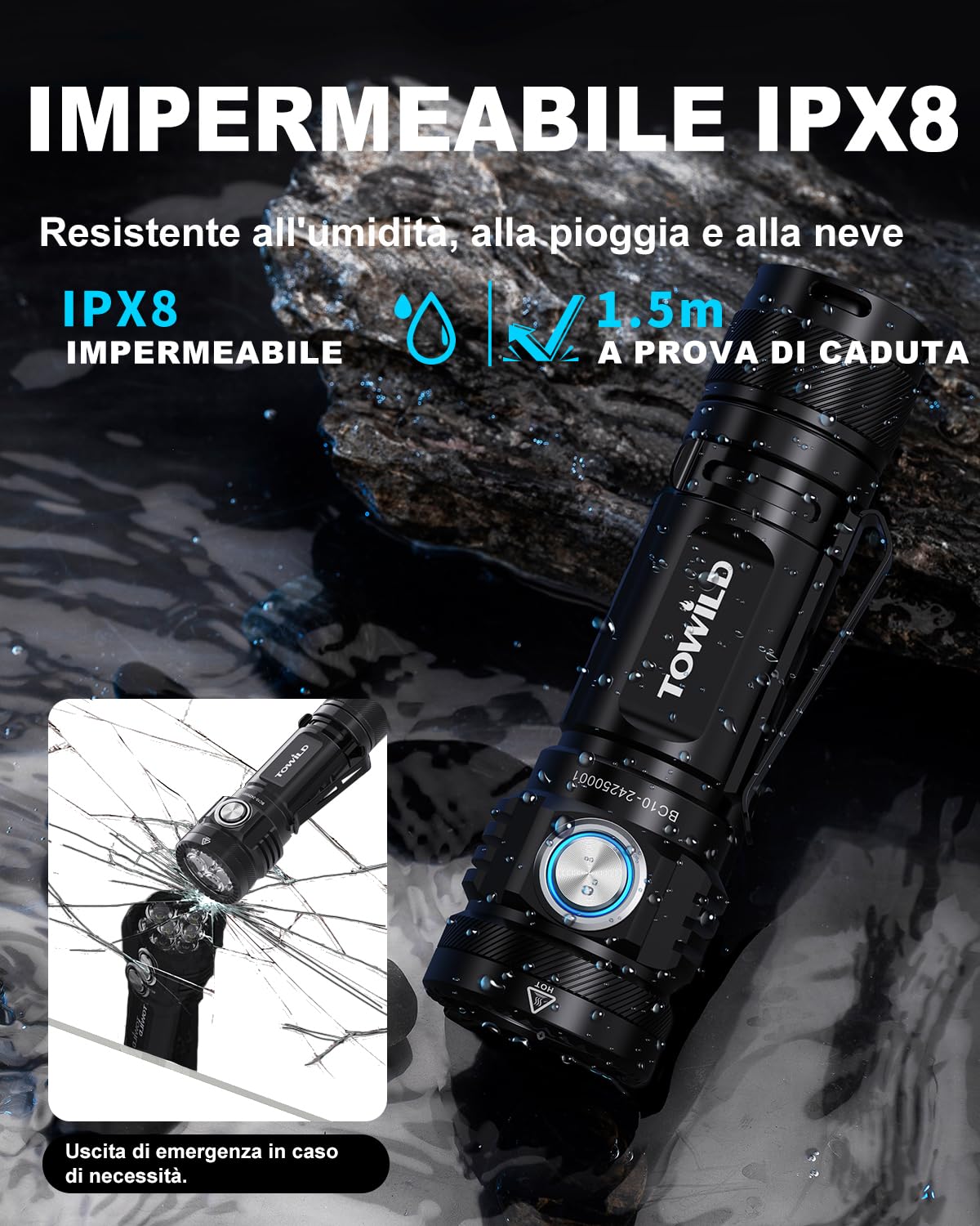 towild BC10 Torcia LED Potente Professionale, 4000 Lumen Super Luminoso EDC Torcia 5000 mAh Ricaricabile Pila IPX8 6 Modalità di Illuminazione Torce Elettriche Portatili Per Campeggio Emergenza