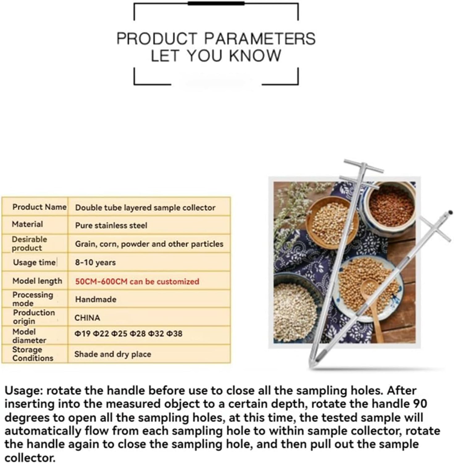 Grain Probe Sampling Powder Sampler Stainless Steel Solid Sample Slot Probe Cement Fertilizer Sampling Probes,Rotary Soil Grain Particle Powder Sampler,38mm,1.0m