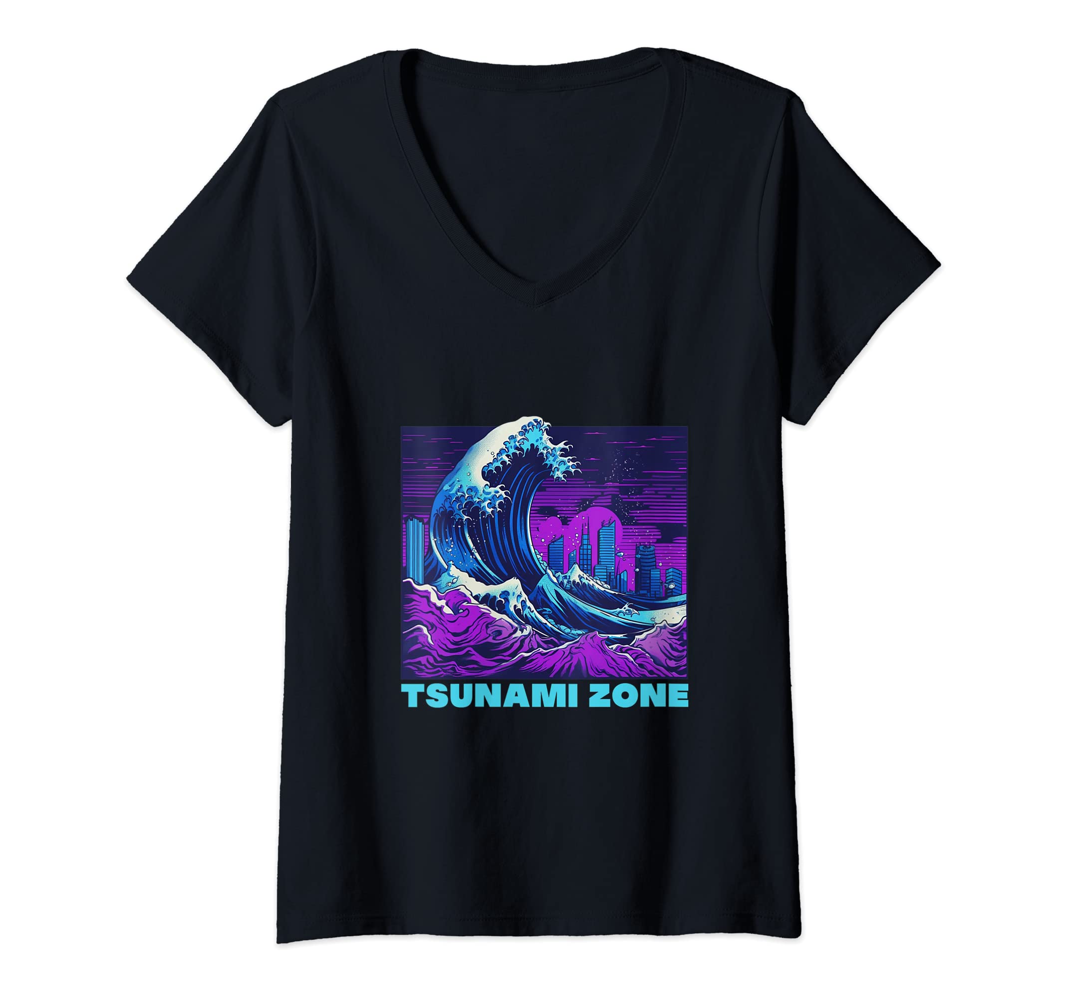Womens Great Wave Vaporwave "Tsunami Zone" Synthwave Tidal Wave V-Neck T-Shirt