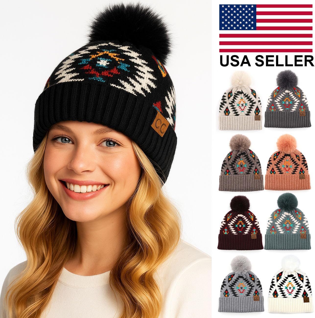 ScarvesMe Women's Winter Soft Knit Aztec Pattern Beanie with Faux Fur Pom