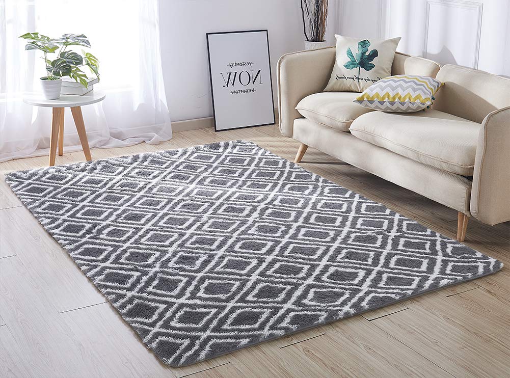ACTCUT Super Soft Indoor Modern Shag Area Silky Smooth Rugs Fluffy Anti Skid Shaggy Area Rug Dining Living Room Carpet 5.3' x 7.3' Grey & White