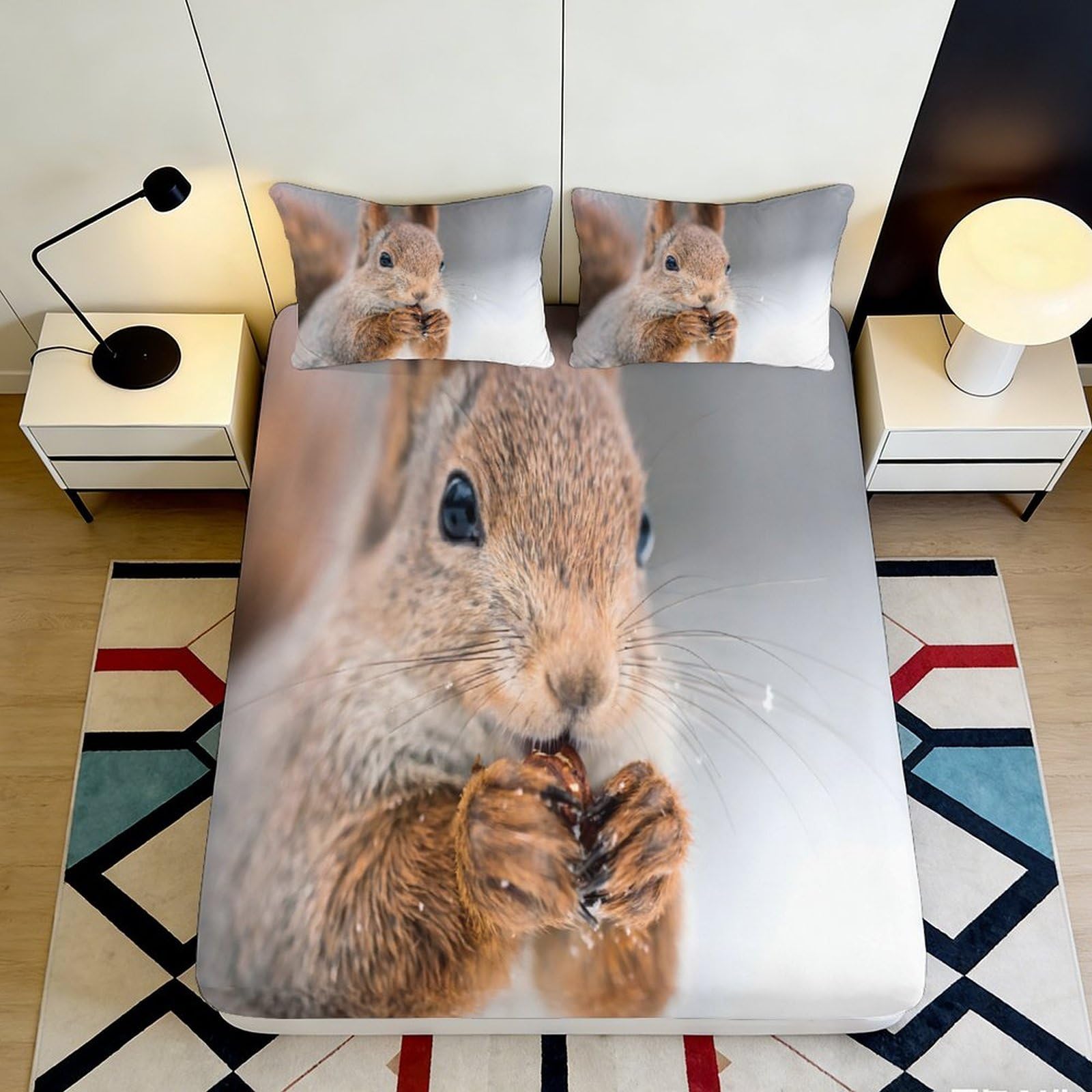 3D Printed Squirrel Fitted Sheet Microfiber Soft Durable Animal Print Bed Cover for Bedroom Dormitory Guest Room Mattress Protection and Decoration 160x200x25cm