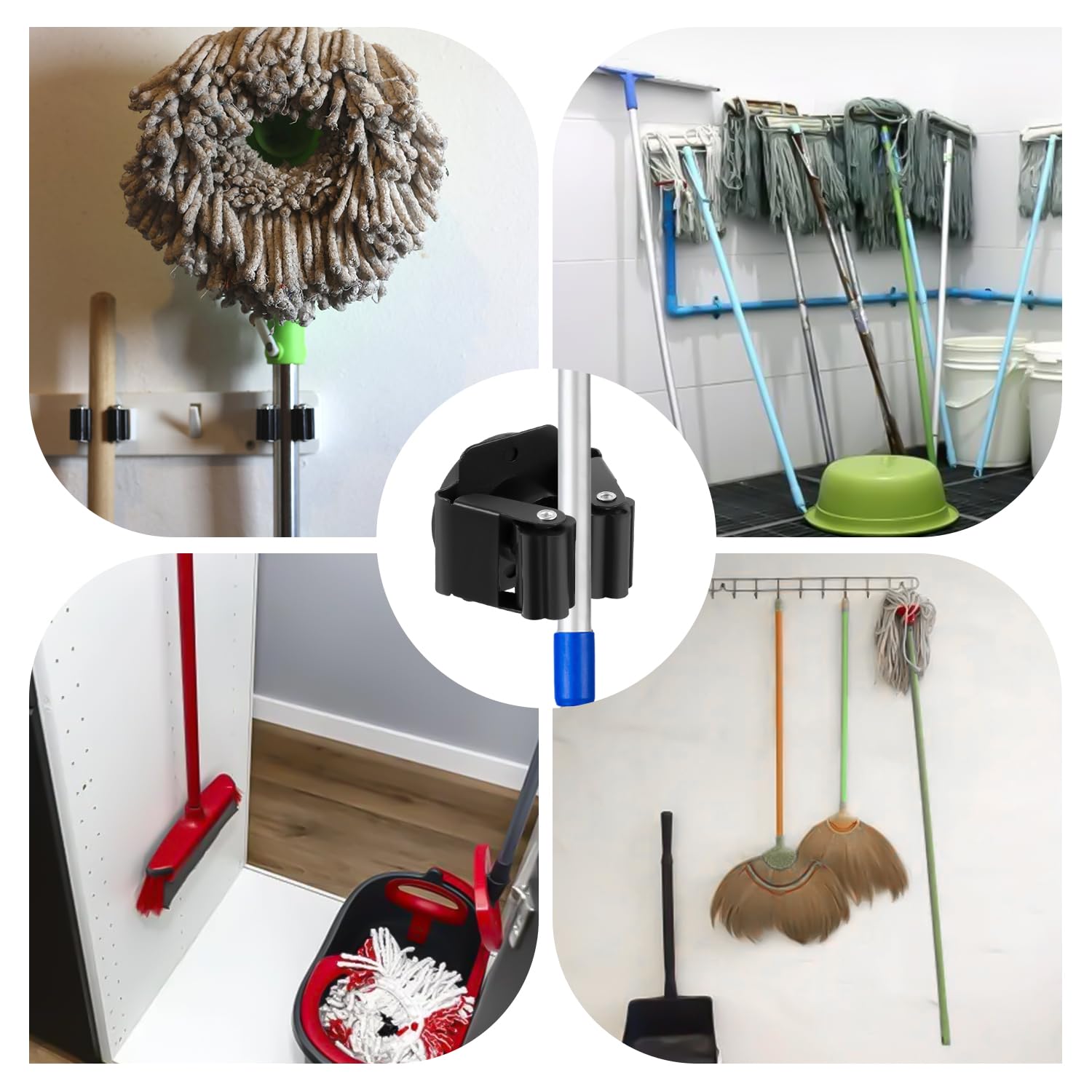 NQEUEPN 4uds Soporte para Escoba y Fregona Colgante, Soporte Magnético para Escoba Soporte para Fregona Resistente Soporte para Escoba Sin Taladro Negro Soporte Pared Fregona para Lavandería Garaje