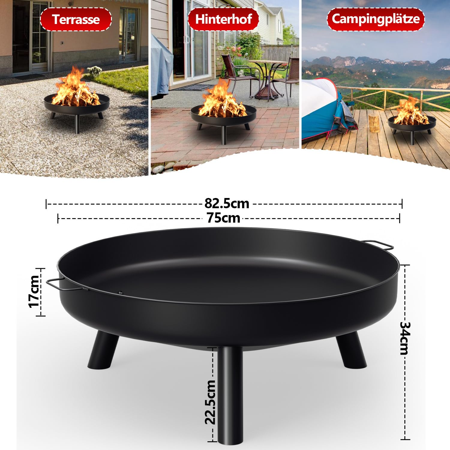 Feuerschale 80 cm, Feuerstelle Garten mit Griffen und Abnehmbaren Beinen,Feuerschale Edelstahl Tragbarkeit,Feuerkorb für Camping,Lagerfeuer