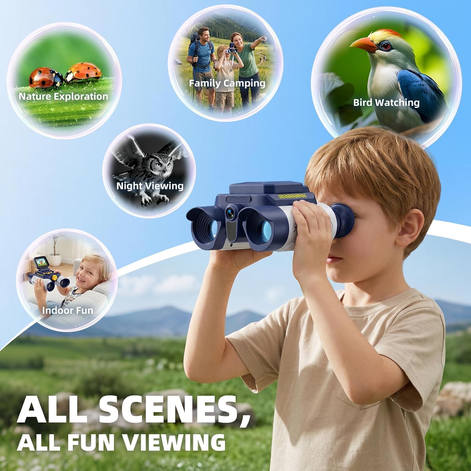 VisionX Kids Binoculars with Night Vision Camera, 48MP Digital Binoculars | Birthday Gifts for 4-12 Year Old Boys Girls, 2.4" IPS Screen & 8GB SD Card, STEM Outdoor Adventure Toys with 20 Games