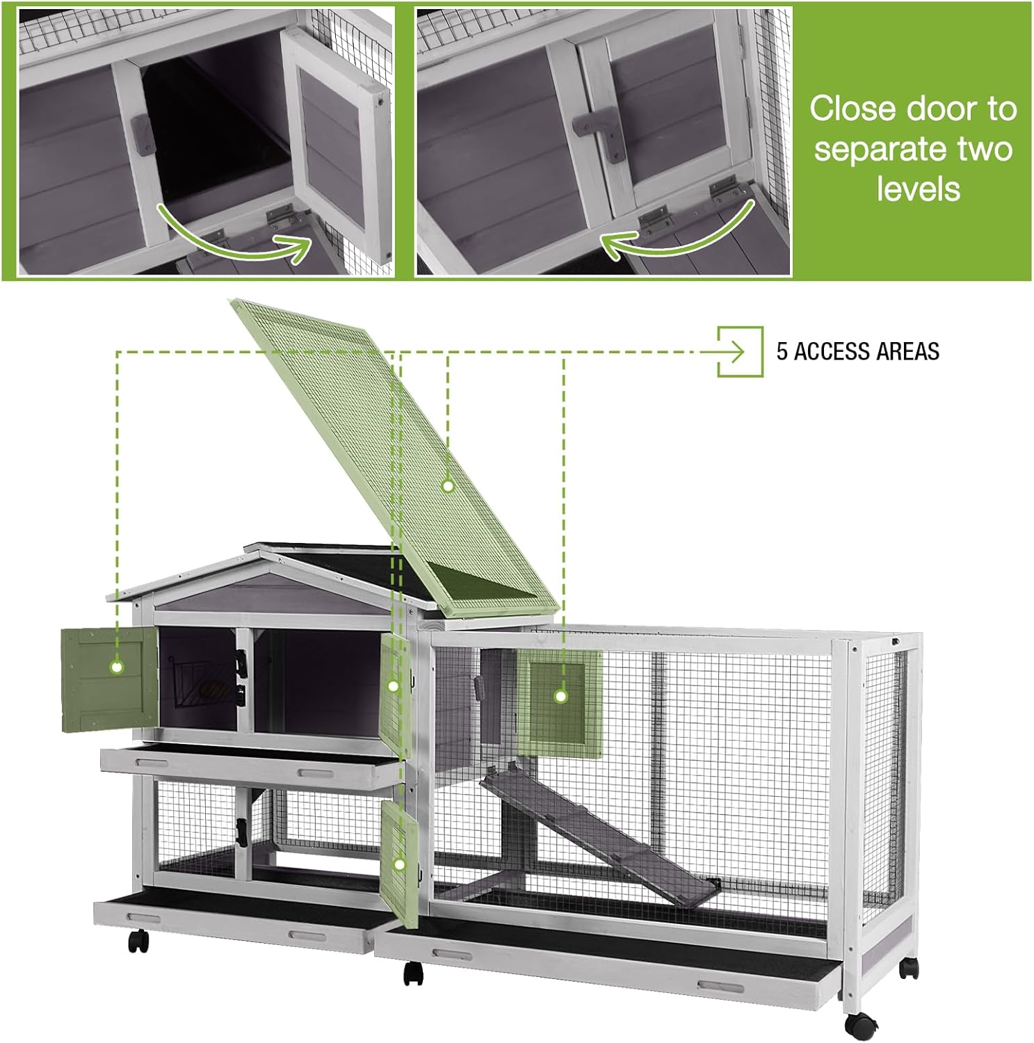 Rabbit Hutch with Chew-Proof Ramp - 62" Large Bunny Cage for Indoor/Outdoor, 2-Story Design Guinea Pig Cages with 6 Lockable Wheels & 3 Leak-Proof Trays (Grey)
