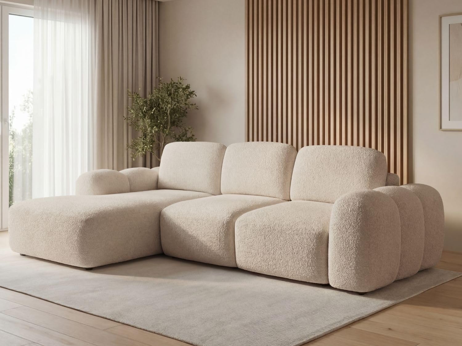 GRAINGOLD Avelin Ecksofa mit Schlaffunktion, 276x165 cm, L-Form Sofa, Schlafcouch für Wohnzimmer, Bouclé-Stoff, 4-Sitzer Eckcouch, Modernes Design (Beige, Links)