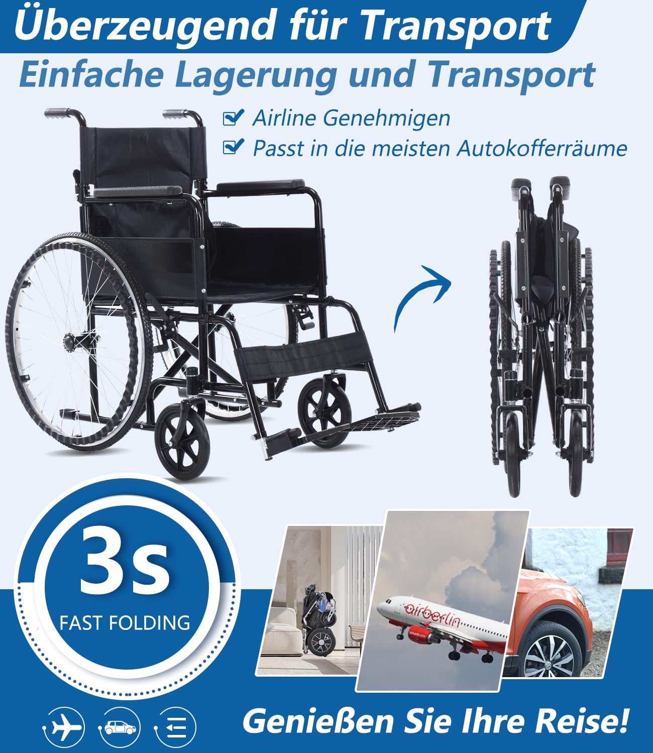Fauteuil roulant portable, léger, pliable, poids : seulement 13 kg, support de fauteuil roulant de transport, 120 kg, avec poignée télescopique