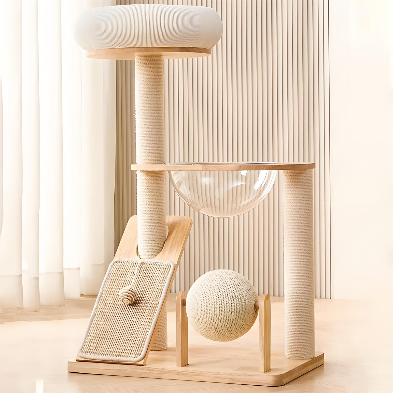 Torre per Gatti Moderna dal Pavimento al Soffitto, Tiragraffi in Legno a 3 Livelli con Palline di Canapa Sisal, Rampa Tiragraffi, Letto e Capsula Spaziale
