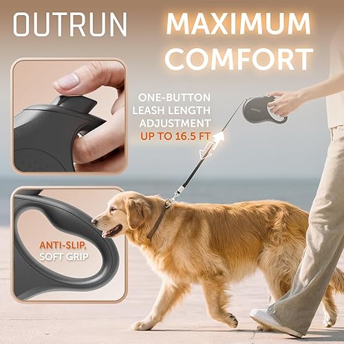 Miniatura 6 de OUTRUN Correa retráctil para perro de 16 pies para caminar de hasta 55 libras, cinta de nailon fuerte sin enredos, bloqueo de freno resistente con