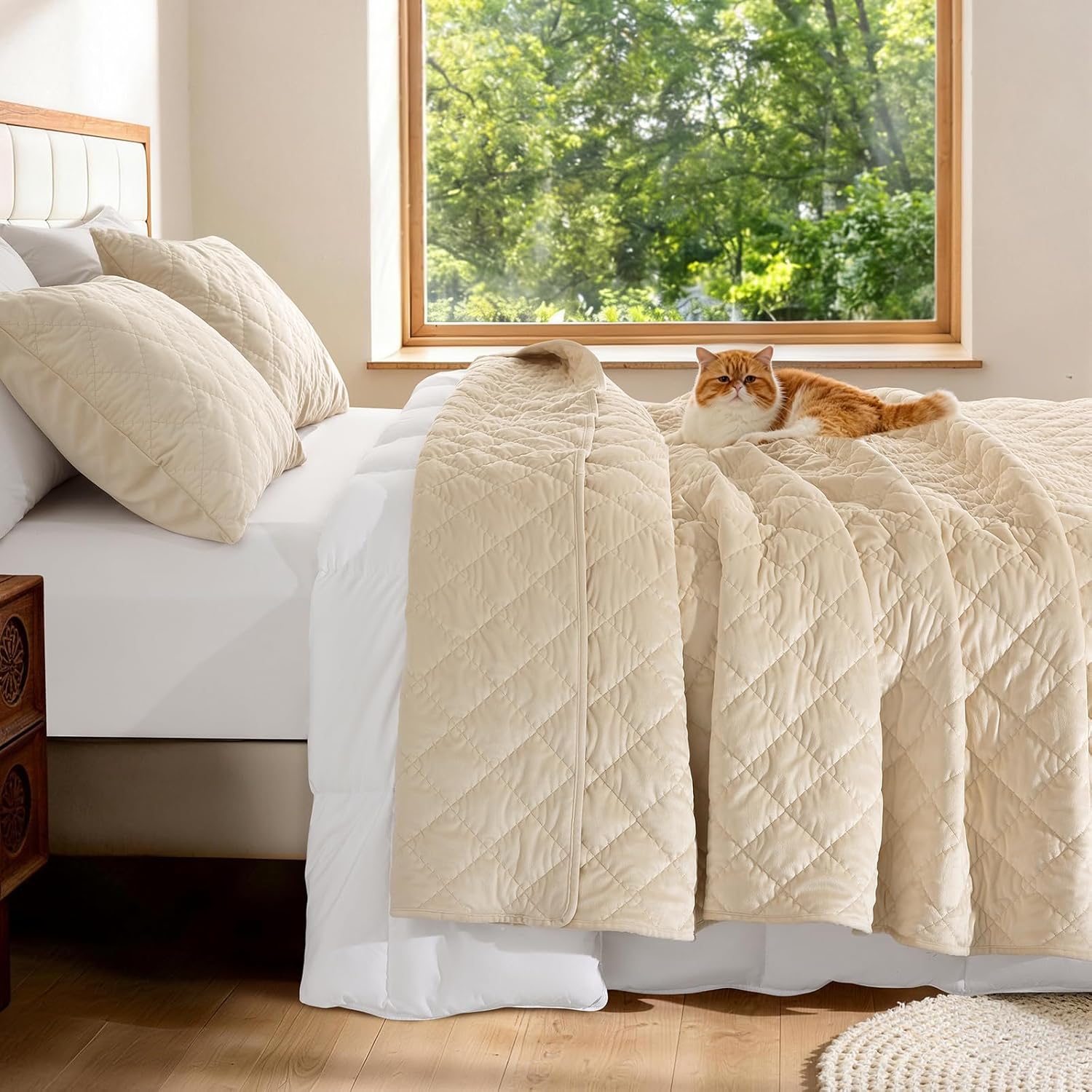 Luxury Velvet Quilt Set Queen Size 3 Piece, Soft Channel Stitch Velvet Comforter Set with 2 Pillow Shams, Lightweight Coverlet Bedspread Bedding Set for All Seasons, Beige