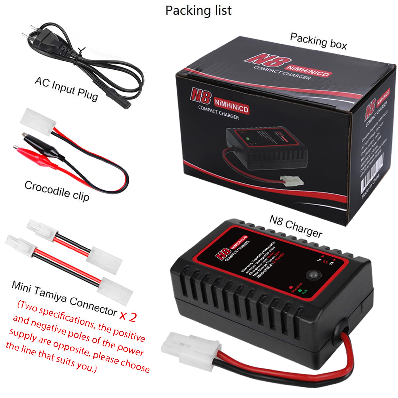HTRC Intelligentes Nimh-Ladegerät für 2-8s Nimh/NiCD-Akku von Airsoft RC Car Boat Drone RC-Ladegerät für NiMH/NiCD-Akku mit Standard-/Mini-Tamiya-Anschluss 2.4V, 3.6V, 4.8V, 6V, 7.2V, 8.4V, 9.6V