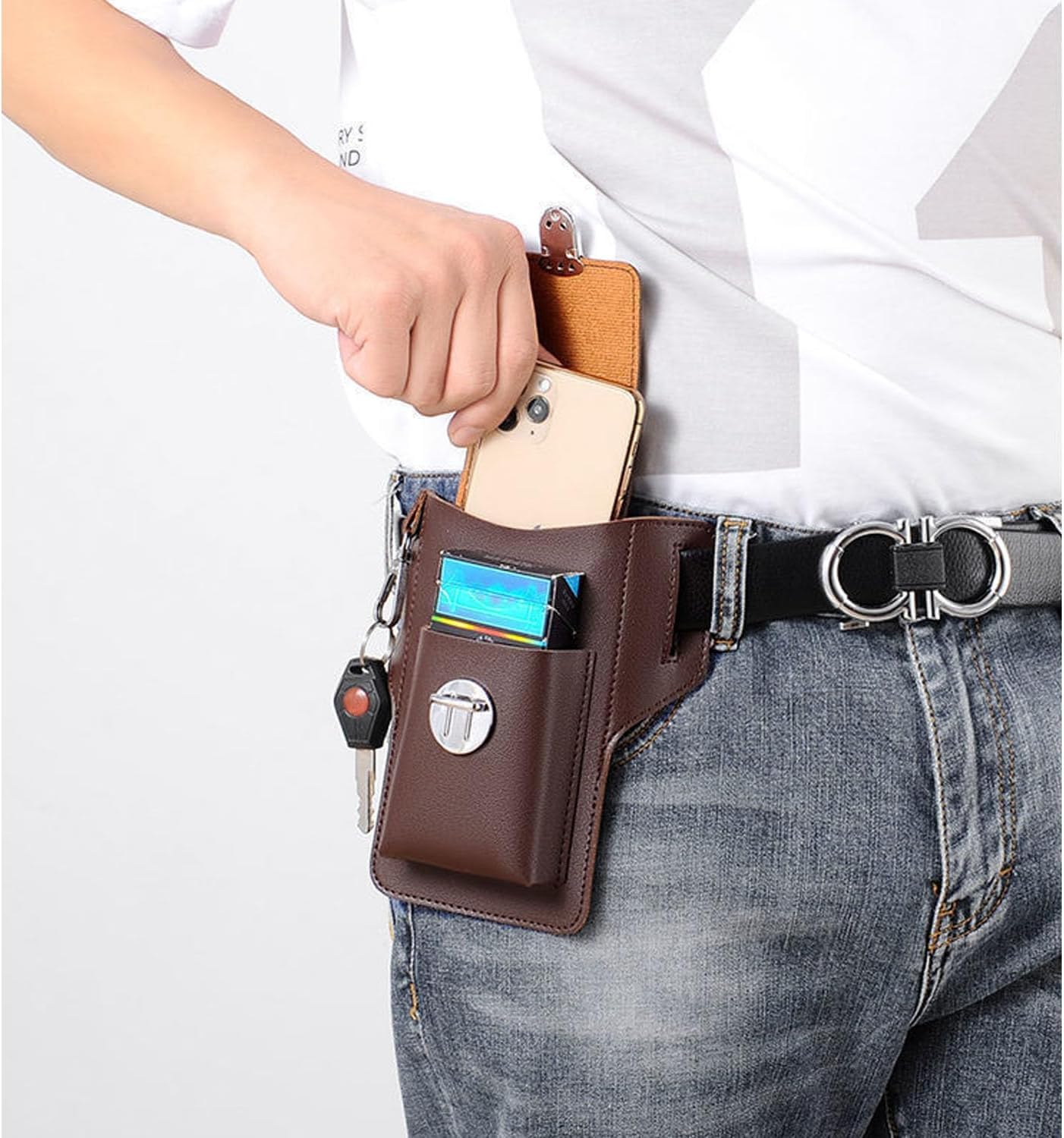 Cellphone Holder Belt Pouch | Leather Mobile Pouch for Men|Multifunction Belt Pouch for Mobile Phone | Large Universal Leather Case Waist Bag Holster for Mobile Cell Phone (Brown)