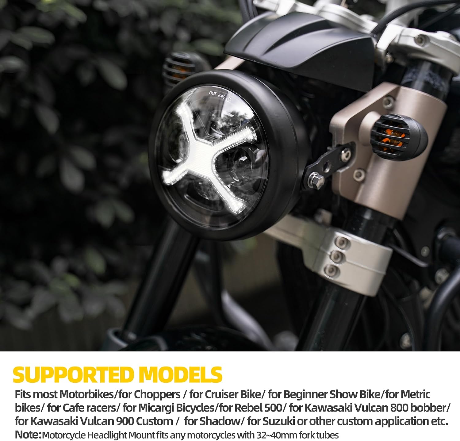 5-3/4 5.75 Inch LED Motorcycle Headlight Assembly with White DRL Hi/Lo Beam for Harley Davidson Sportster Dyna Street Bob Low Rider Super Wide Glide 1200 48 Softail Fit 32-40mm Fork Tube