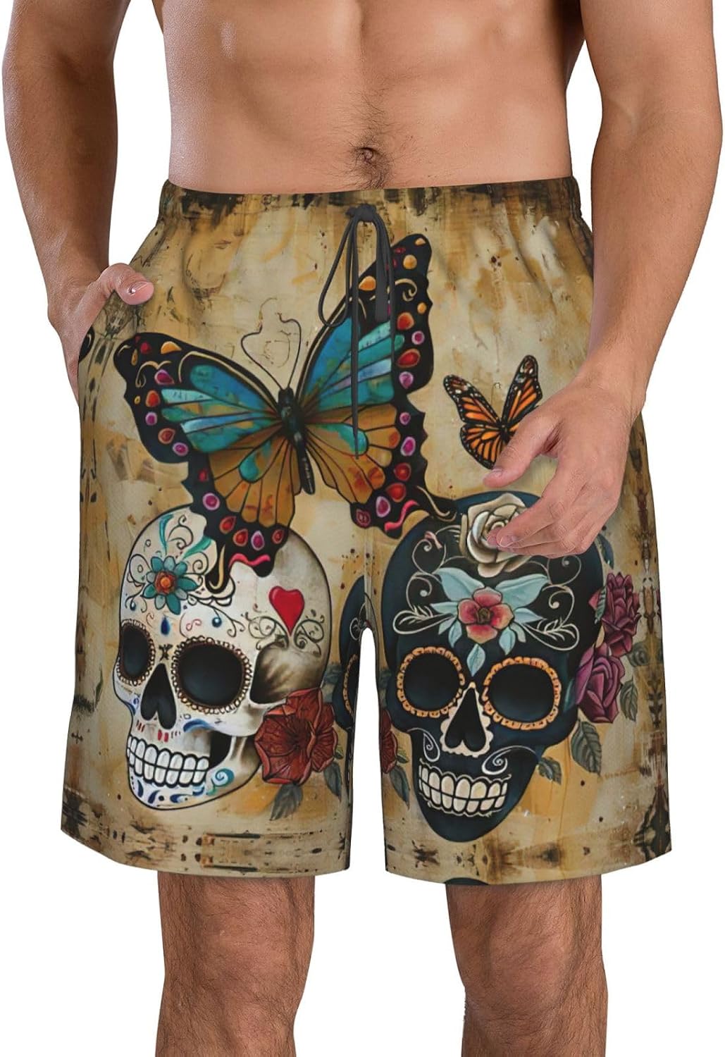 Sugar Skulls Butterfly Print Men's Quick-Drying Shorts Casual Beach Pants Stretch Waist Shorts and Pockets