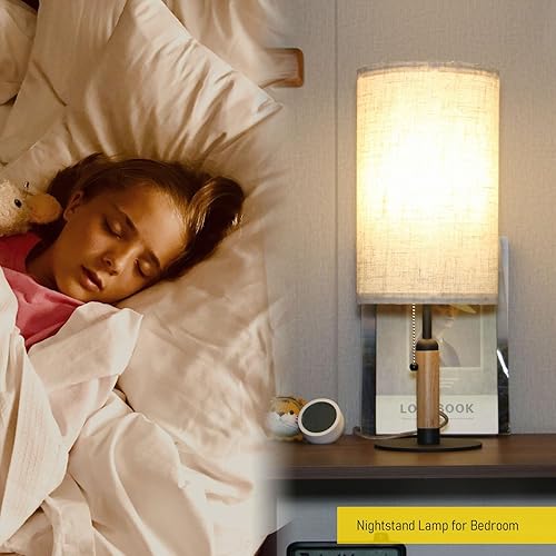 Miniatura 5 de PSDSSHIIS 3-Color Temperatures Bedside Table Lamp for Nightstand Living Room Lamps for Bedroom Wood Fabric Pull Chain Switch Small Desk Lamps Home