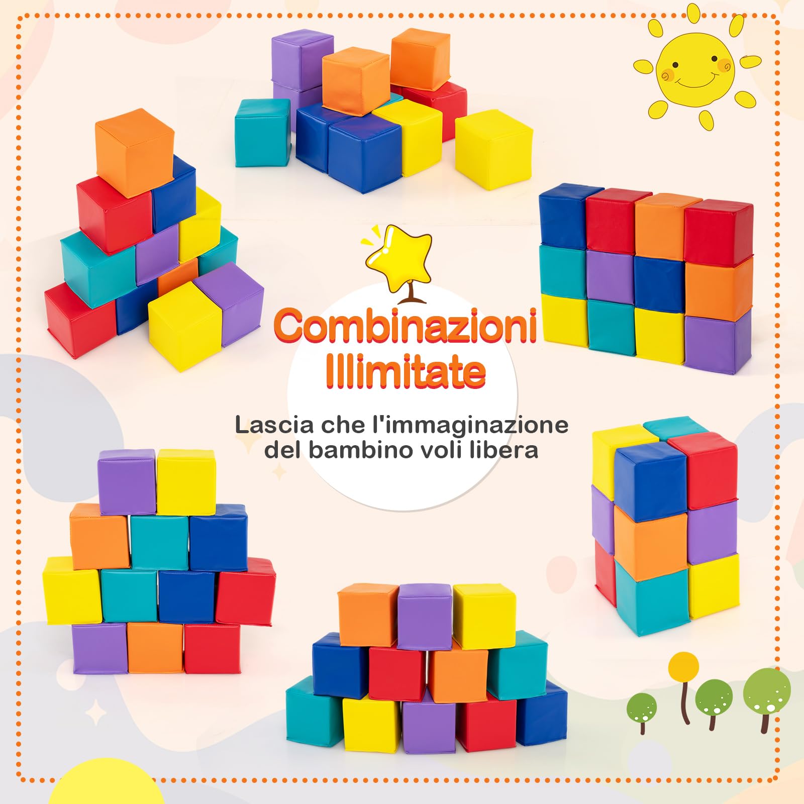 RELAX4LIFE Set da 12 Cubi Blocchi da Costruzione in Schiuma per Bambini, Cubi Colorati Impilabili e Sicuri con Rivestimento in Pelle Sintetica, Giocattoli Educativi per lo Sviluppo della Motricità