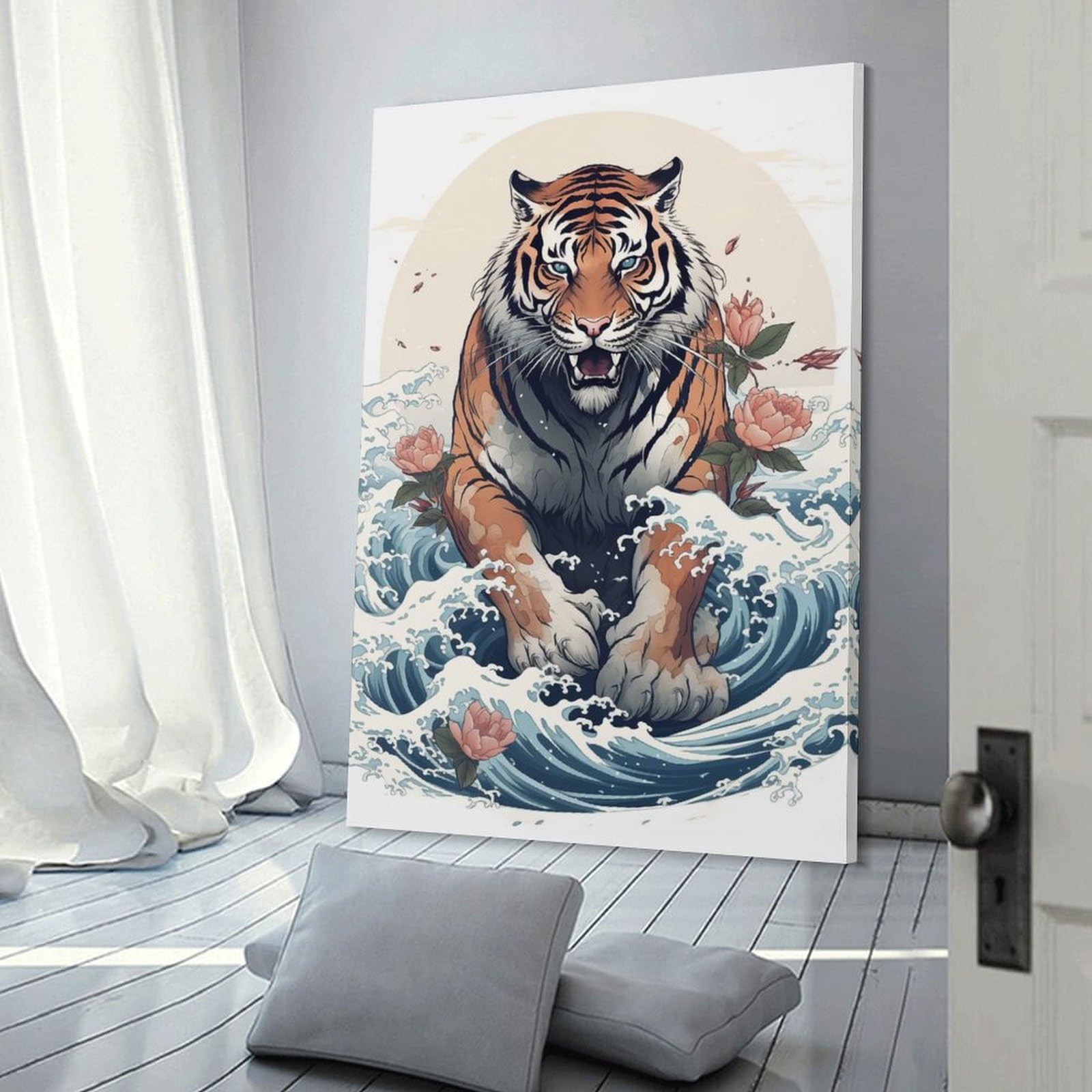Junmoney Frame-Style-14 Lion In The Great Wave Canvas Wall Picture, 16X24inch(40X60cm), For Living Room, Bedroom Or Apartment Walls, Decorative Artwork For Empty Walls