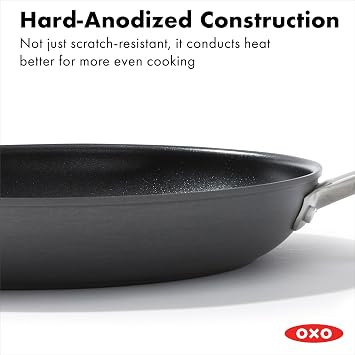 OXO Enhanced 12 Nonstick Frying Pan Skillet with Lid, Ceramic PFAS-Free Cookware, Durable Hard Anodized, Scratch Resistant, Stainless Steel Handle, Eggs & Omelets, Dishwasher & Oven Safe, Black