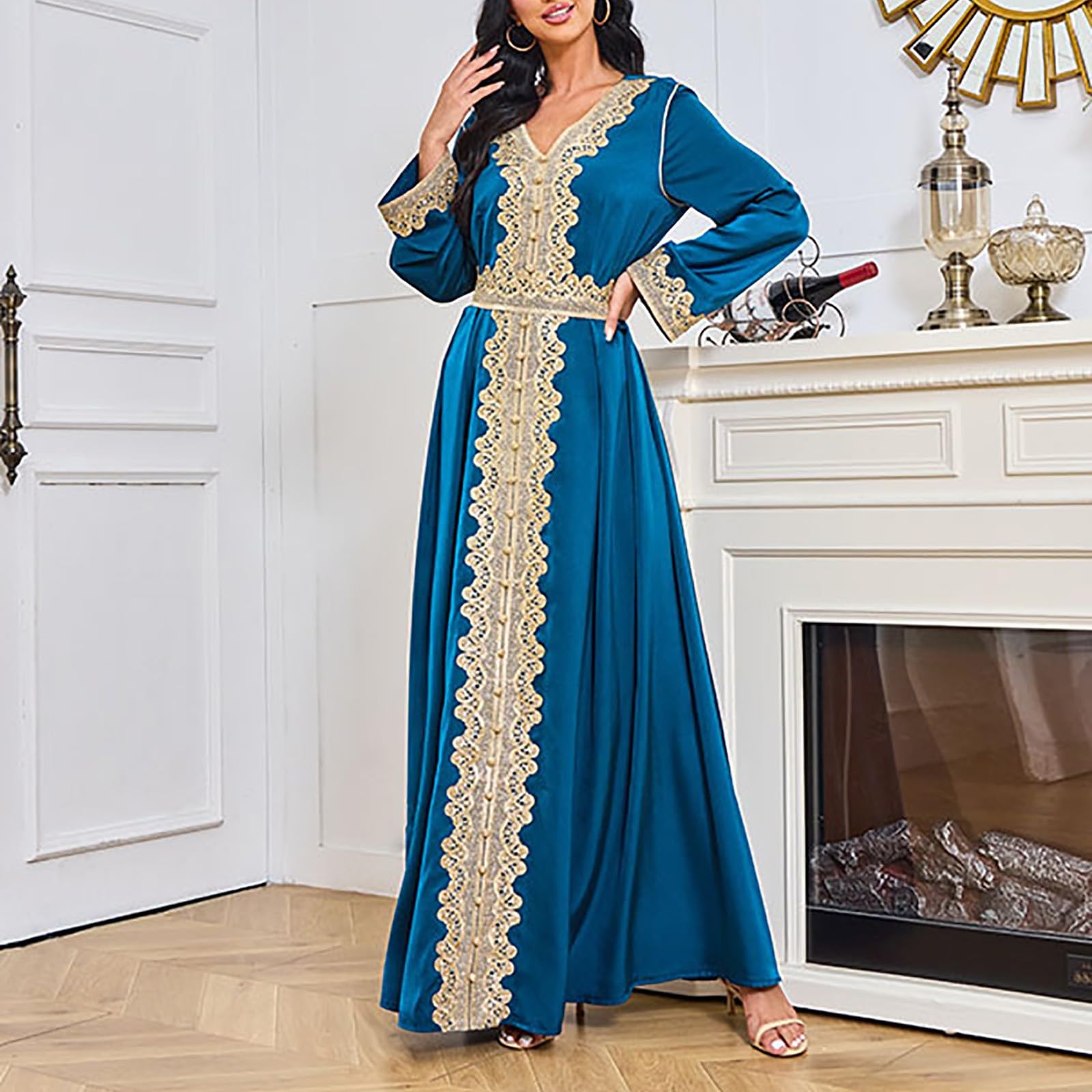 Frauen Langarm Bestickte Arabische Kleid Islam Jilbab Muslimische Damen Herbst Hochzeit Kaftan Robe Tunika Abaya Dubai Abendkleid Muslim Knöchellang Gewand Islamische Kleidung
