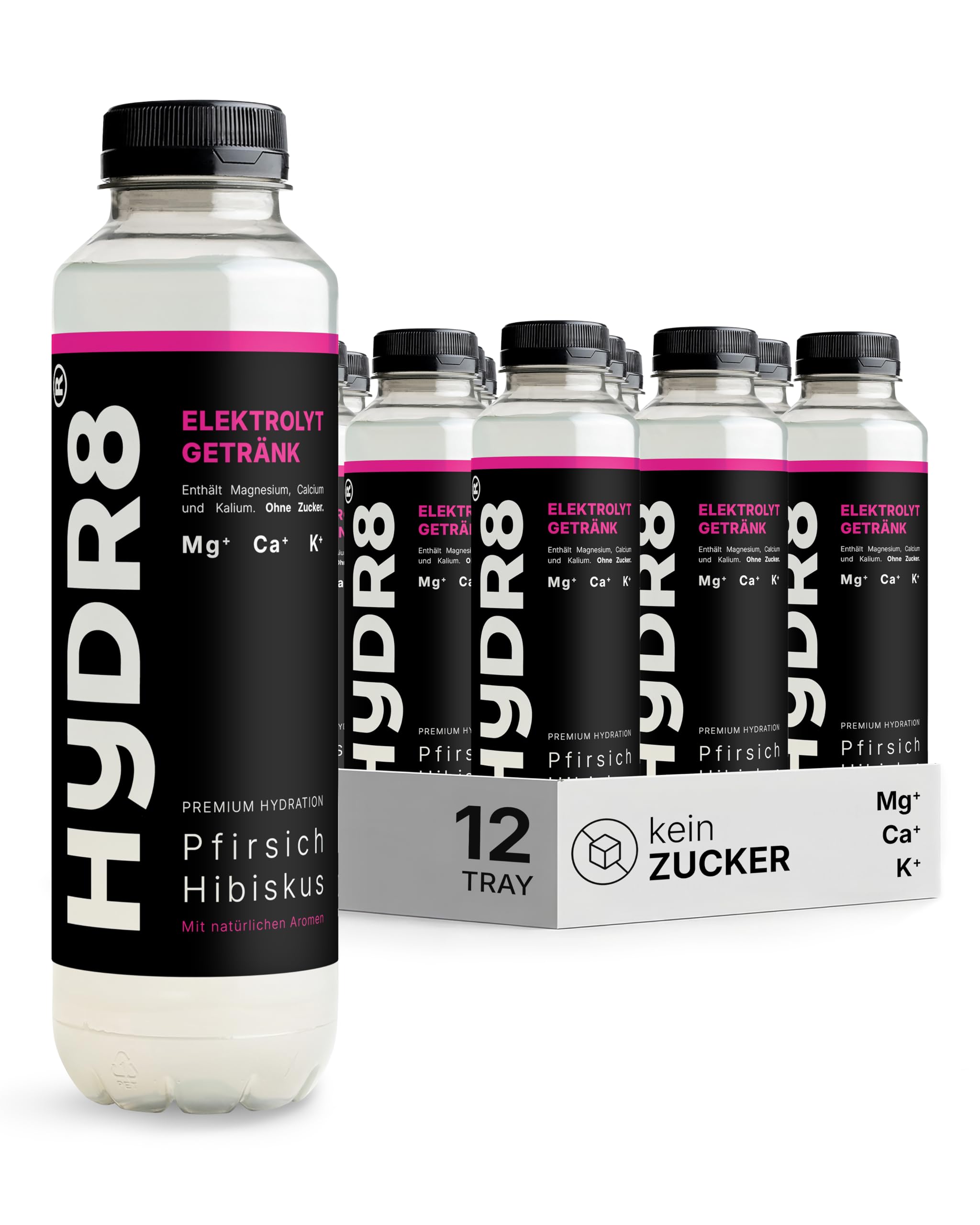 HYDR8 Elektrolytgetränk ohne Zucker mit erfrischendem Pfirsich-Hibiskus Geschmack mit 5 Elektrolyten inkl. Magnesium ohne Zucker, für Sport, Hitze, Feiern (12 x 500ml zzgl. Pfand)