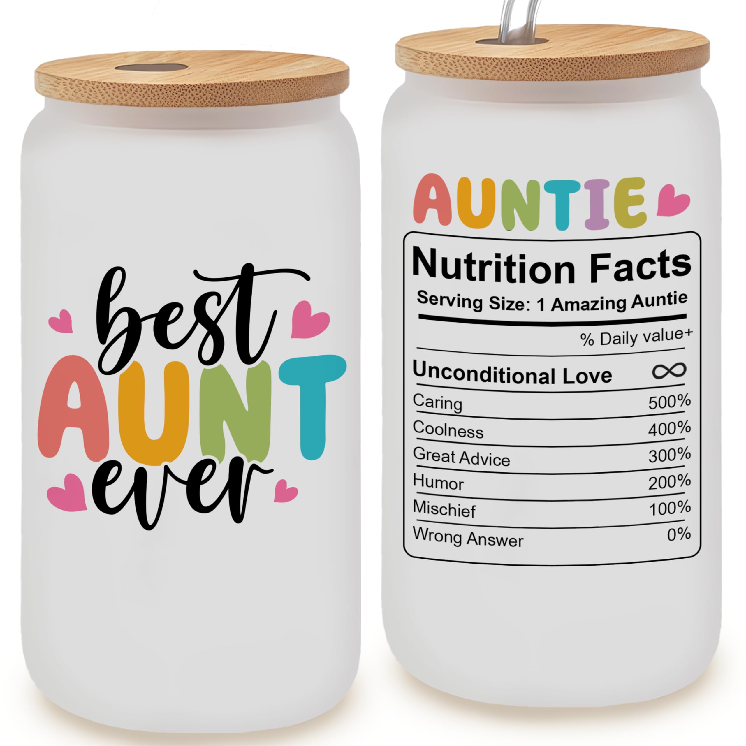 Best Aunt Ever Glass Cup 16Oz Frosted - Aunt Gifts from Niece Nephew, Auntie Birthday Gifts Ideas, New Promoted to Aunty, Funny Aunty Coffee Mug with Lid and Straw, Mother Day Present for Auntie Women