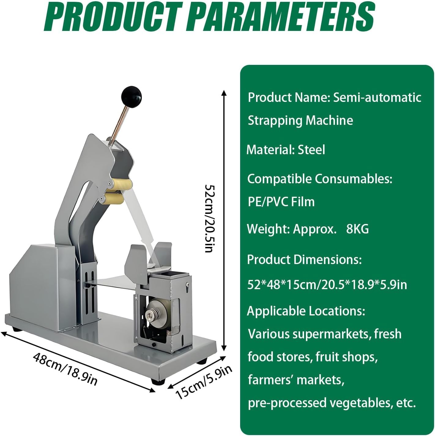 Semi-Automatique de Conditionnement de légumes sous Film et Ruban PE/PVC, Serrage réglable, supermarchés et marchés de producteurs.