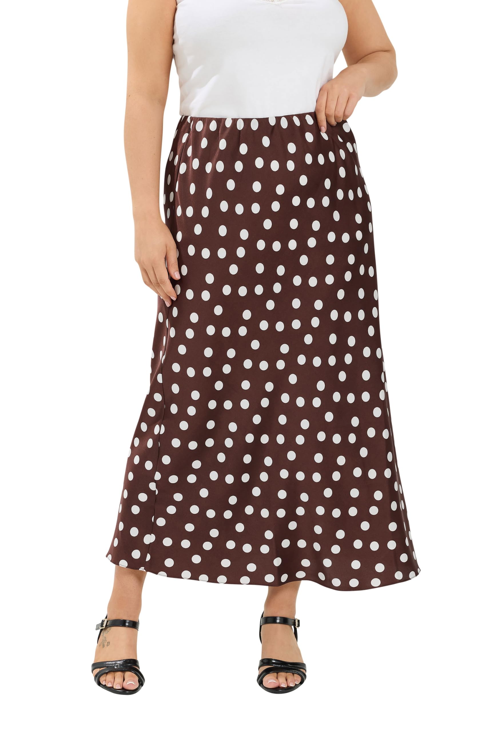Yours Curve Chocolate Polka Dot Satin Skirt - Women's - Plus Size Curve