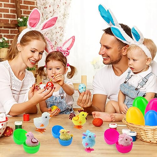 Miniatura 7 de Paquete de 8 huevos de Pascua precargados con coloridos conejitos y pollitos saltadores de cuerda para rellenos de cestas de Pascua, huevos de