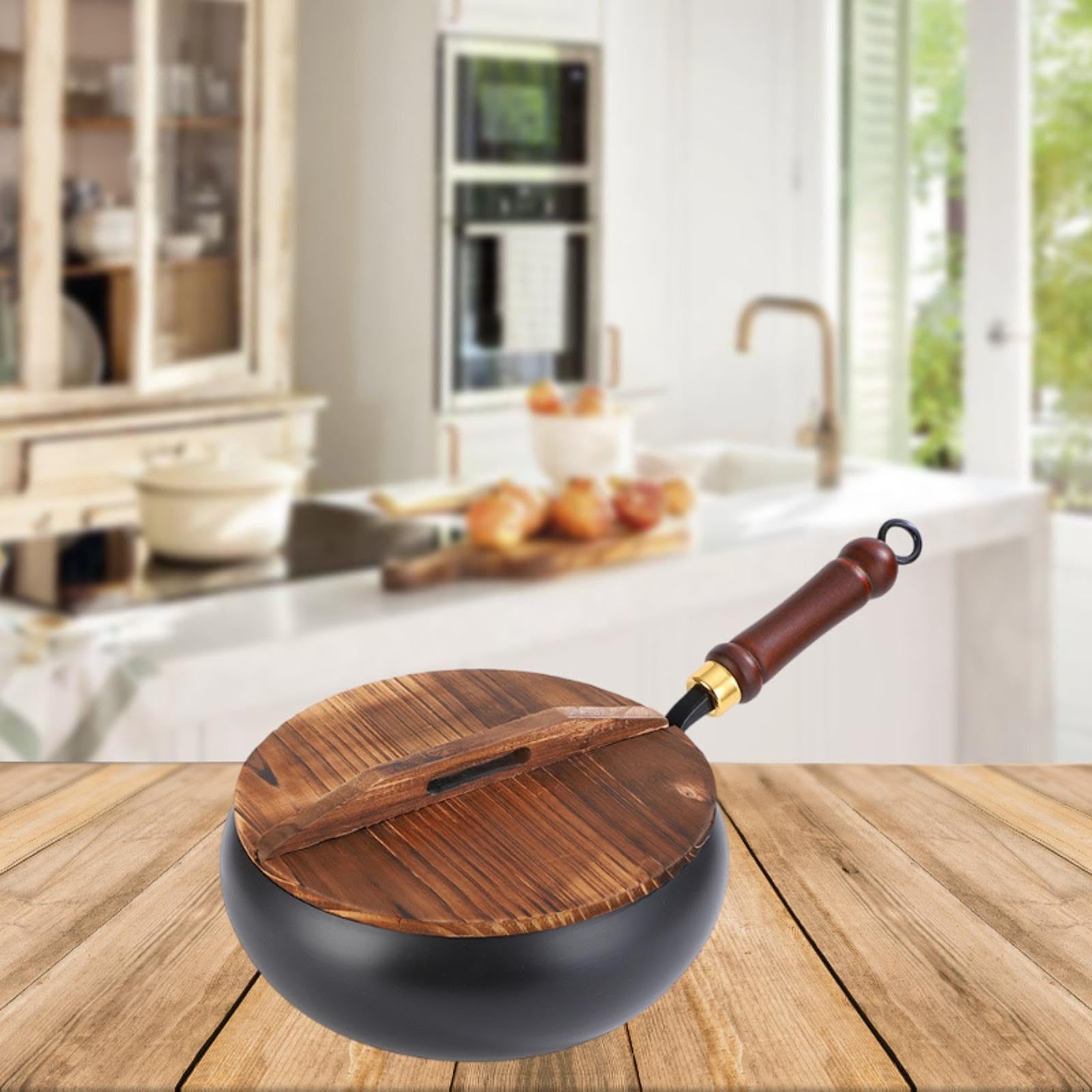 Wok in Ferro con Coperchio in Legno per Tutte Le superfici di Cottura, martellato a Mano