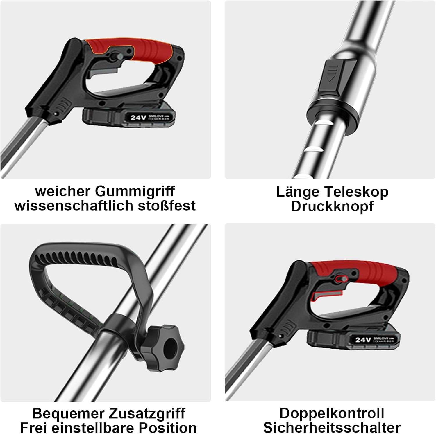 Detailed view of trimmer handle, telescopic button, auxiliary handle, and safety switch