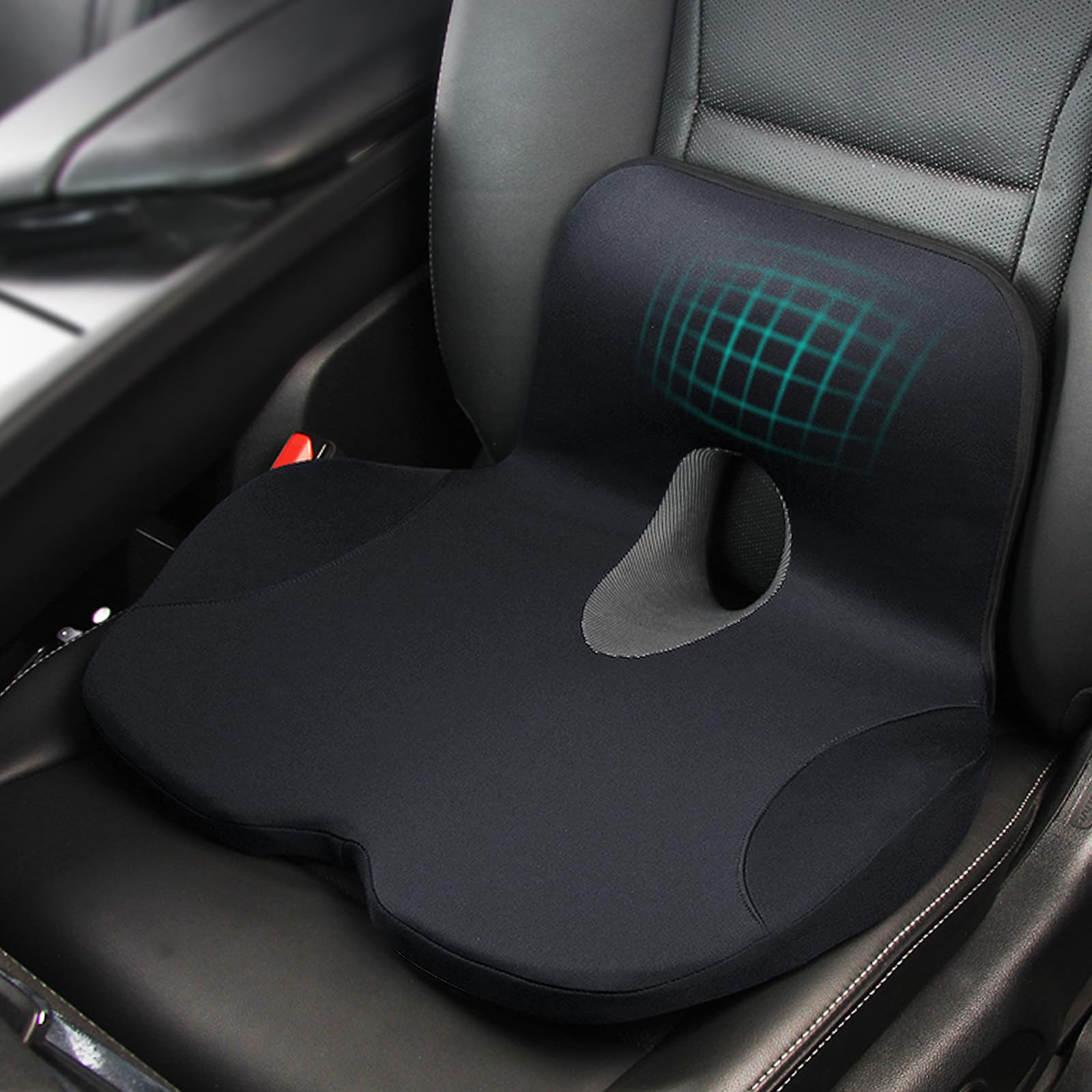 Cojín de asiento de coche con memoria de forma con soporte lumbar, comodidad ergonómica para la espalda, ideal para viajes largos, oficina, camión, conductor, funda extraíble y lavable. (Negro)